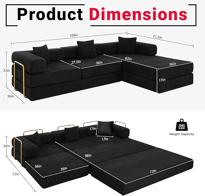 108" Oversized Convertible Sleeper Sofa Bed, Corduroy L Shape Sectional Couch, Folding Sofa Bed with Side Pocket, Modern Cloud Floor Mattress Couch, Modular Sofa for Living Room, Black-CasaMuseHome