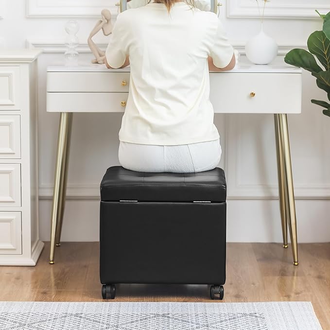 Adeco 17.7" Leather Ottoman with Wheels, Black Square Rolling Ottoman with Storage, Upholstered Button Tufted Vanity Stool with Hinged Lid for Living Room, Bedroom, Dorm-CasaMuseHome