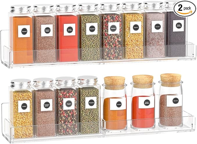Acrylic Spice Rack Wall Mount, Hanging Spice Shelf Racks for Seasonings, Kitchen Spice Jars Wall Organizer Storage Holder, 2 Pack-CasaMuseHome