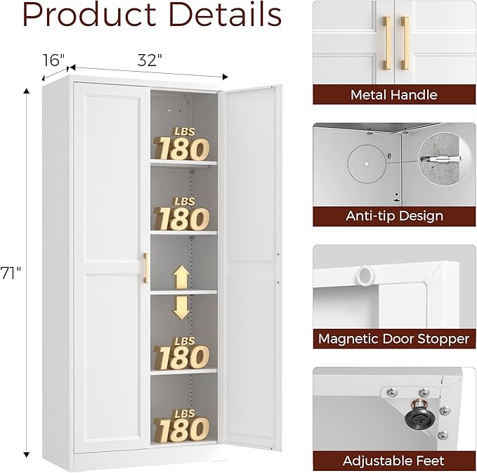 71" Tall Metal Pantry Cabinet, White Kitchen Pantry Storage Cabinet with 4 Adjustable Shelves and Gold Handles, Cupboard for Kitchen, Dining Room, Living Room, Bathroom-CasaMuseHome