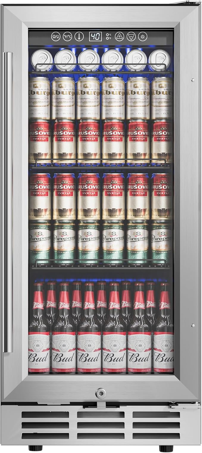 15'' Beverage Refrigerator Cooler - 126 Cans Under Counter Beverage Fridge with LED Light, Built-in Design, Wine Cooler for Home/Kitchen-CasaMuseHome
