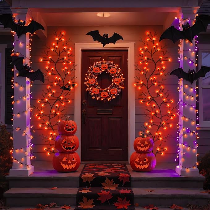 7 Ft Halloween Decorations Willow Vine Twig Garland with 8 Modes Timer 63 LED Orange Lights, Halloween Garland with Waterproof Battery Operated for Wall Fireplace Decorations Indoor Outdoor-CasaMuseHome