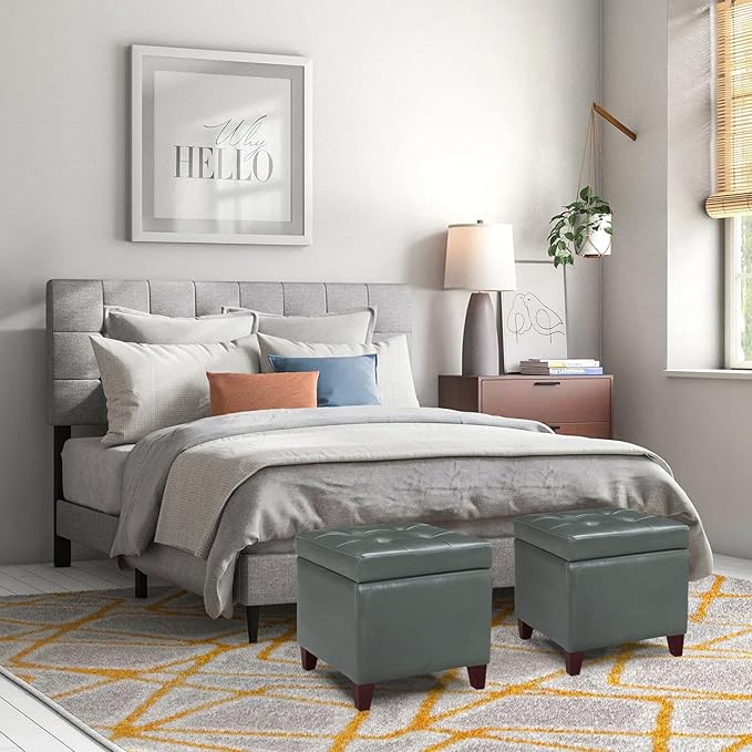 Adeco Bonded Leather Square Tufted Cubic Cube Footstool, 18" Height Storage Ottomans, with Lid, Cement Grey-CasaMuseHome