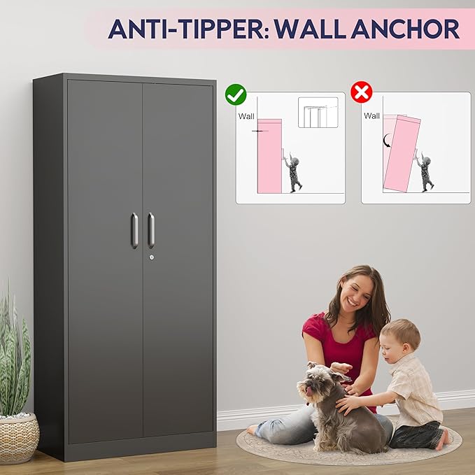 71" Garage Storage Cabinets with Lock, Cabinets with Doors and Shelves, Kitchen Pantry Cabinet, Metal Cabinet for Office, Garage, Shop, School, Assemble Required, Black-CasaMuseHome