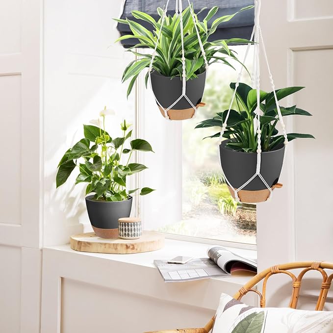 41.5 Inch Macrame Plant Hanger Indoor Outdoor with 12 Inch Flower Pot, Hanging Planter for Plants Holder with Wood Beads for Boho Home Decor (Ivory+Black)-CasaMuseHome