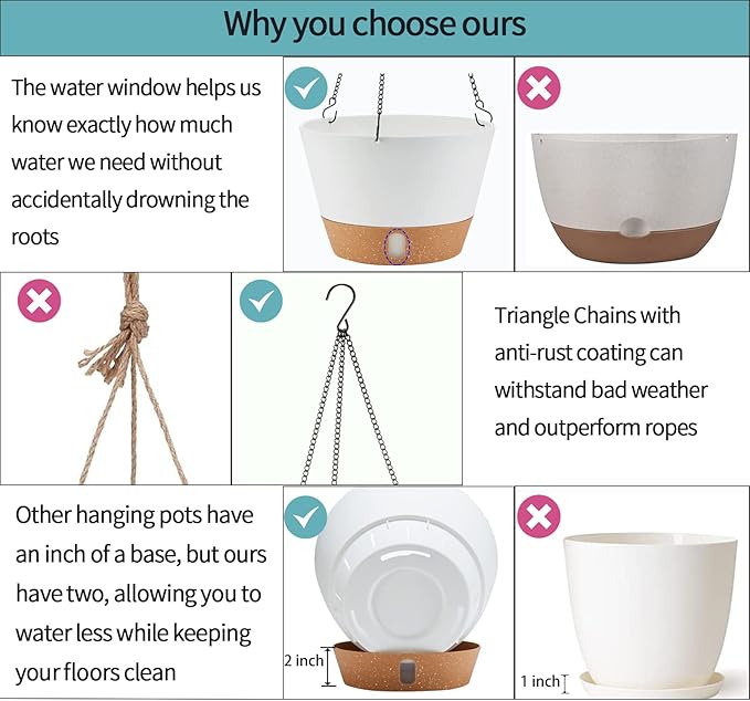 2 Pack 10 Inch Hanging Planters for Indoor Outdoor Plants, Hanging Plant Flower Pot Basket with Drainage Hole with Removable Tray&Hooks Self Watering Plant Pot for Hanging Plants, White-CasaMuseHome