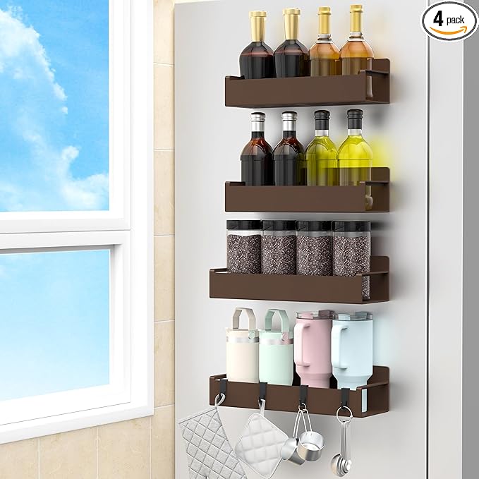 4 Pack Magnetic Spice Rack Organizer for Refrigerator and Oven, Brown Fridge Organizers and Storage for Kitchen-CasaMuseHome