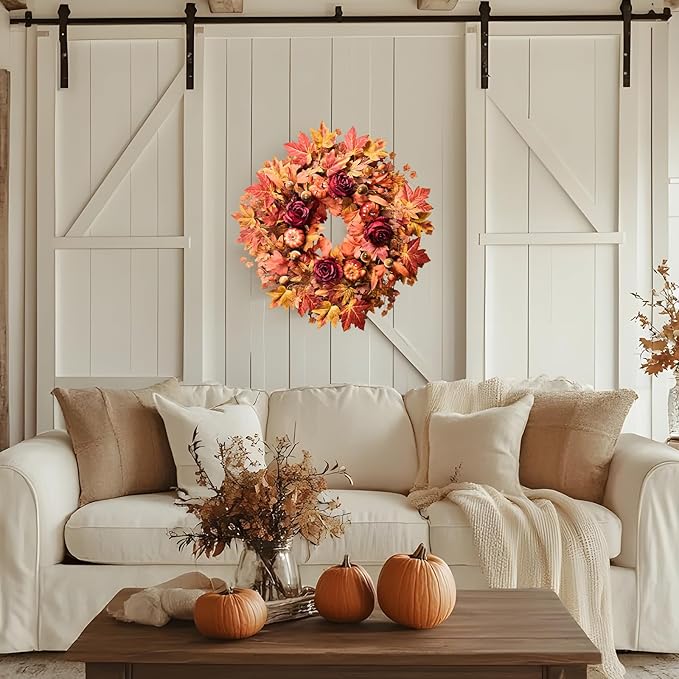 26'' Large Fall Wreath for Front Door, Autumn Wreaths for Outdoor Home Decor - Farmhouse Wreath with Maple Leaves, Pumpkins, Roses, Thanksgiving Decoration, Rustic Harvest Festival Door Hanging-CasaMuseHome