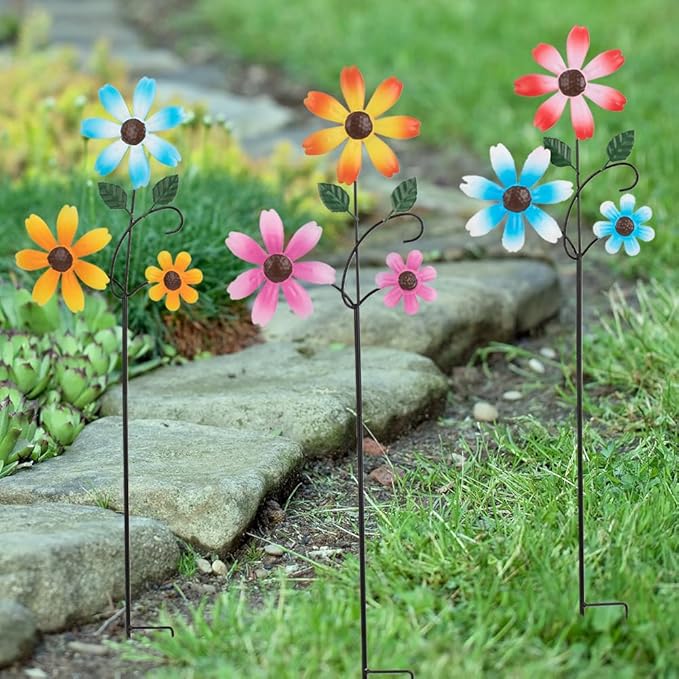 3 Pack Spring Garden Stakes Decor,Metal Flowers Decorative Garden Stakes,Waterproof Metal Yard Art for Outside,Lawn,Patio,Yard(23.1 * 6.7IN)-CasaMuseHome