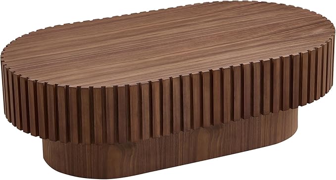 43.7" Oval Coffee Table for Living Room,Modern Handcraft Drum Coffee TableSmall Wooden Coffee Table with Sturdy Pedestal Easy Assembly for Office-Walnut-CasaMuseHome