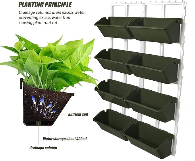 8 Pockets Vertical Planters,Wall Mounted Plastic Plant Grow Pots,Wall Pocket Planters for Indoor,Outdoor,Balcony,Garden Decoration,Green-CasaMuseHome