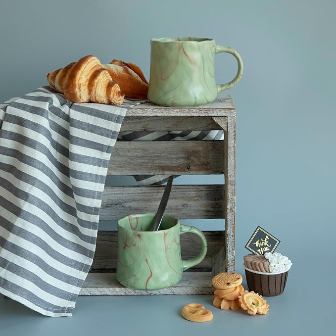 Abstract Art Ceramic Coffee Mugs Set - 2 Pack, Mint Green with Red and White Accents, Handcrafted Design for Modern Kitchen or Office-CasaMuseHome