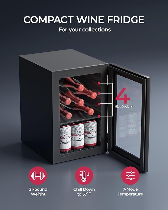 6 Bottles and 6 Cans Compact Beverage Refrigerator, Freestanding Mini Fridge with Temperature Control for Beer Wine, Under Counter Small Refrigerator Adjustable Shelve & Glass Door for Home and Bar-CasaMuseHome