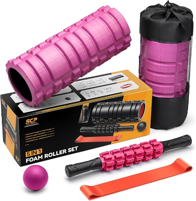 5 in 1 Foam Roller Set for Deep Tissue Muscle Massage, High Density Fitness Exercise Foam Roller, Massage Roller, Massage Ball, Resistance Band, for Whole Body (Pink-Black)-CasaMuseHome
