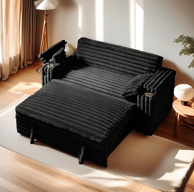 57-Inch Velvet Full Size Sleeper Sofa Couch with Pullout Bed,Convertible Pull Out with Golden Decorative Strip and Adjustable Backrest for Small Spaces,Apartment, Guest Room, RV (1109Black)-CasaMuseHome