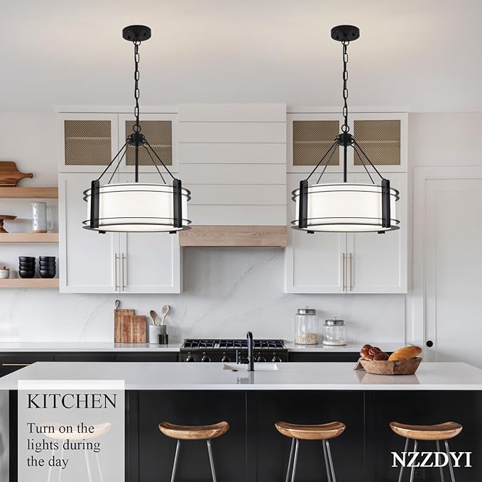 16.3''Black Drum Chandelier 3-Light Modern Farmhouse Chandelier with White Fabric Shade Adjustable Drum Pendant Light Fixture for Dining Room Kitchen Island Hallway Living Bedroom-CasaMuseHome