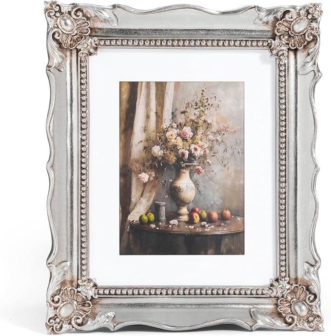 8x10 Vintage Picture Frame with Embossed Flower Design, Silver Ornate Frame for 8x10 or 5x7 Pictures with White Mat, Hand-Crafted Resin Antique Frames for Tabletop & Wall Hanging, Home Decor (Silver)-CasaMuseHome