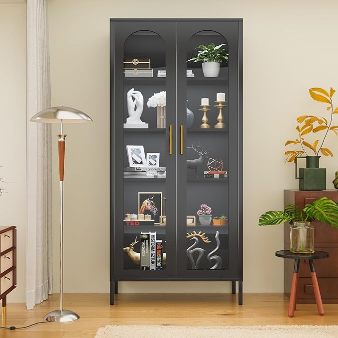 71" Tall Display Cabinet, 5-Tier Bookshelf with Doors & Adjustable Shelf, Modern Storage Cabinets Ideal for Book, Wine, Collectibles, Free Standing Bookcase for Home, Office, Living Room-CasaMuseHome