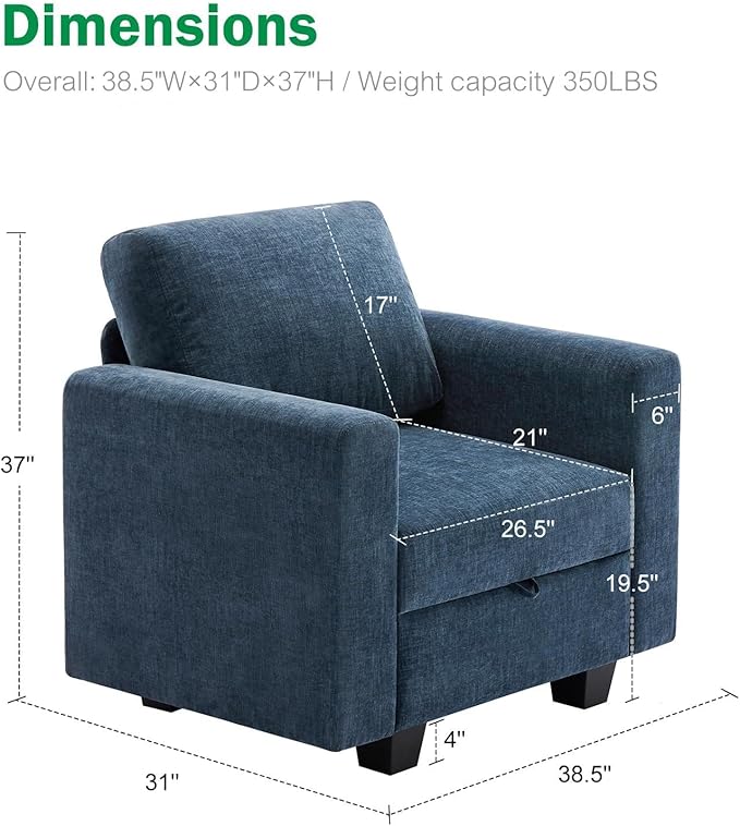 38.5 Oversized Accent Chair with Storage Blue Chenille, Single Modern Accent Sofa Chair with Arms for Apartment Living Room (21" Deep Seat)-CasaMuseHome