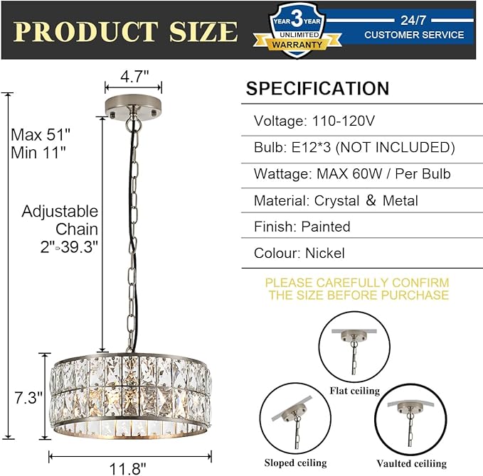 12” 3-Light Modern Crystal Chandeliers Nickel Dinning Room Light Fixture, Round Pendant Light Kitchen Island Chandelier, Flush Mount Ceiling Light for Living Room Entryway Bedroom Foyer-CasaMuseHome