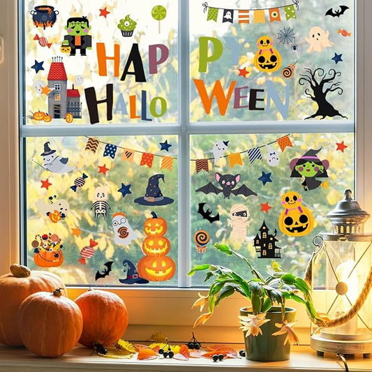 10 Sheets Halloween Window Clings Halloween Window Stickers Decorations Double-Sided Removable Castle Pumpkin Bat Glass Window Decals, Happy Halloween Window Clings for Kids Party Decorations-CasaMuseHome