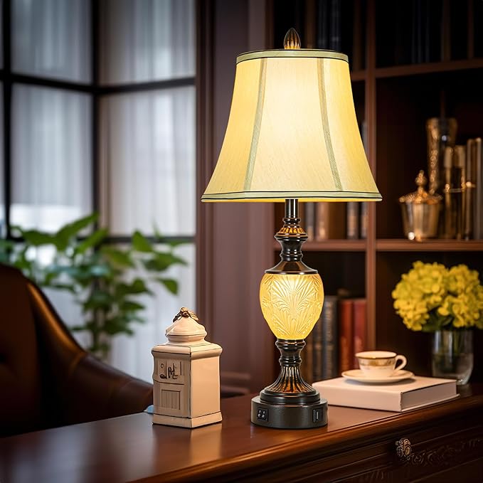 27'' High Vintage Table Lamp Set of 2 for Living Room Farmhouse Bedside Lamp with Fabric Shades Boho Nightstand Lamp with USB and Nightlight for Bedroom Home Office Hotel Bar (Bulb Included)-CasaMuseHome