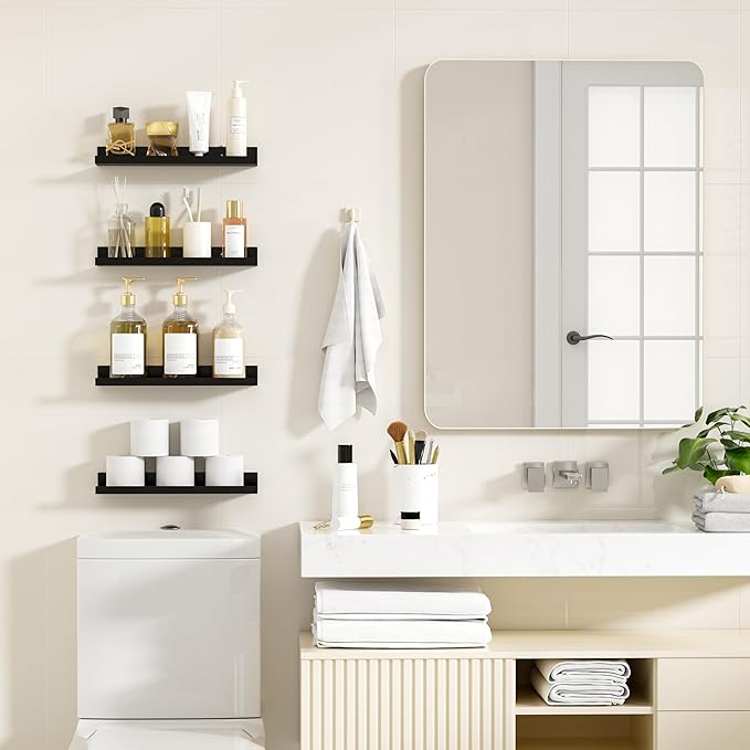 4 Pack Floating Shelves for Wall Storage, Metal Black Hanging Shelves for Living Room/Kitchen/Bedroom/Bathroom Decor, Set of 4 Organizer for Display, Perfume & Book Shelf Wall Mounted-CasaMuseHome