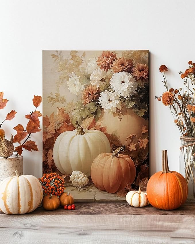 AbcCustomize Fall Wall Art Pumpkin Floral Print, Vintage Thanksgiving Decorations Canvas for Autumn Decor, Rustic Daisy Farmhouse Wall Art Decor for Bedroom Living Room Kitchen, Ready to Hang-CasaMuseHome