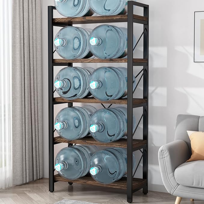 5 Tier Bookshelf Rustic Solid Wood Industrial Style Bookcase,Metal and Real Wood Vintage Bookshelf,Book Shelves Home Office, Retro Brown,Dark Matching credenza(LZ01-05tier) (5Tiers)-CasaMuseHome