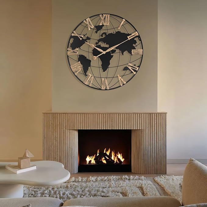 30 Inch Extra Giant Large Wall Clock Oversized,Black Big Metal Modern Decorative Silent World Map Wall Clock with Vintage Gold Roman Numeral for Office,Living Room,Kitchen,Dining Room Decor-CasaMuseHome