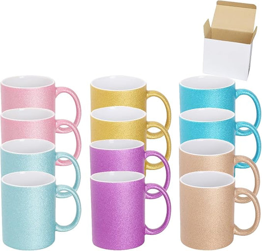 11oz White Ceramic Sublimation Coffee Mug in White Gift Box, 6 Sparkling Mixed Colors, Case of 12-CasaMuseHome
