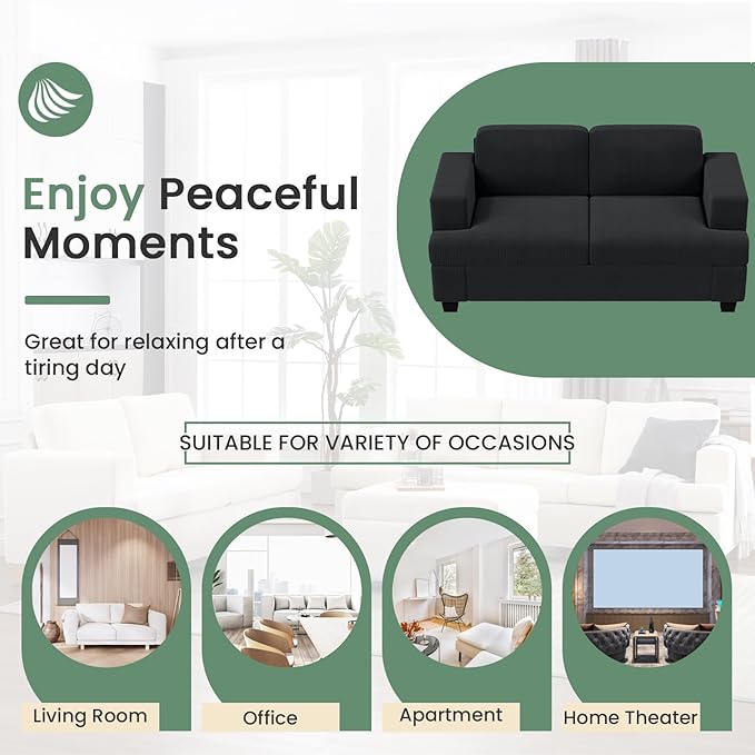 2 Piece Set Comfy Sofa Couch, 2 3-Seater Sofa with Deep Seats, Modern Sleeper Couch for Living Room, Black Corduroy-CasaMuseHome