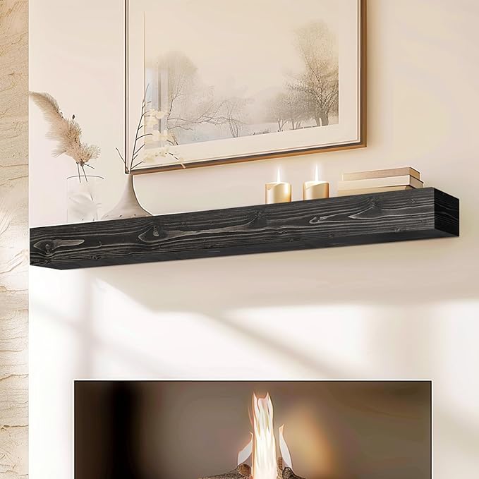 56x8x5 Fireplace Mantel - Handcrafted Hollow Rustic Solid Wood Wall Mounted Floating Shelf with Invisible Heavy Duty Wood Bracket (Weathered Black)-CasaMuseHome