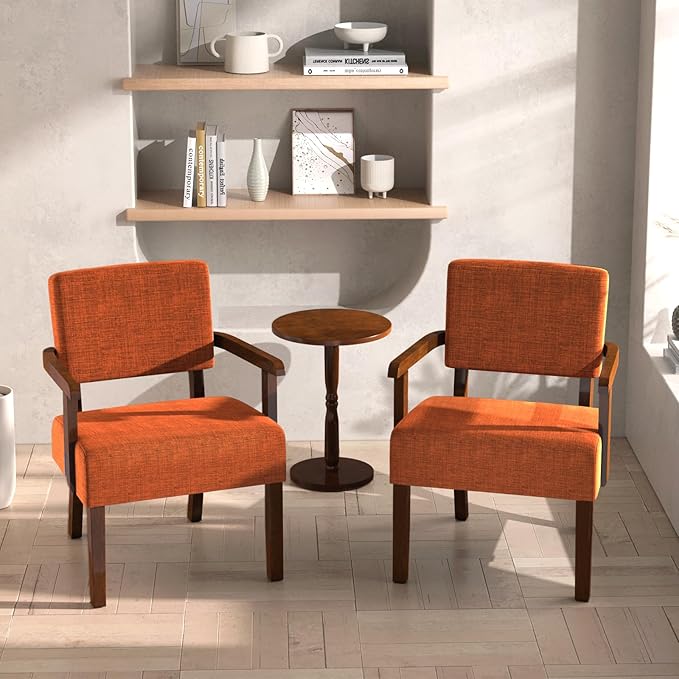 Accent Chair Set of 2 with Table, Living Room Chairs with Soft Seat and Armrests for Living Room Bedroom Reading Room Waiting Room (Orange), Linen, AC01-CasaMuseHome