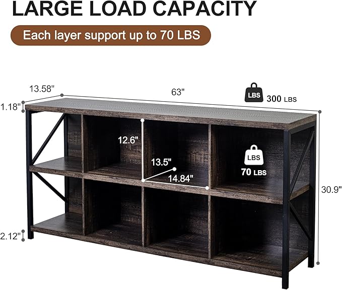 8 Cube Storage Organizer Bookshelf, Industrial Horizontal Bookcase, Accent Cubby Shelf, Media Console Table for Living Room, Home Office, 63 Inches, Dark Grey Oak-CasaMuseHome