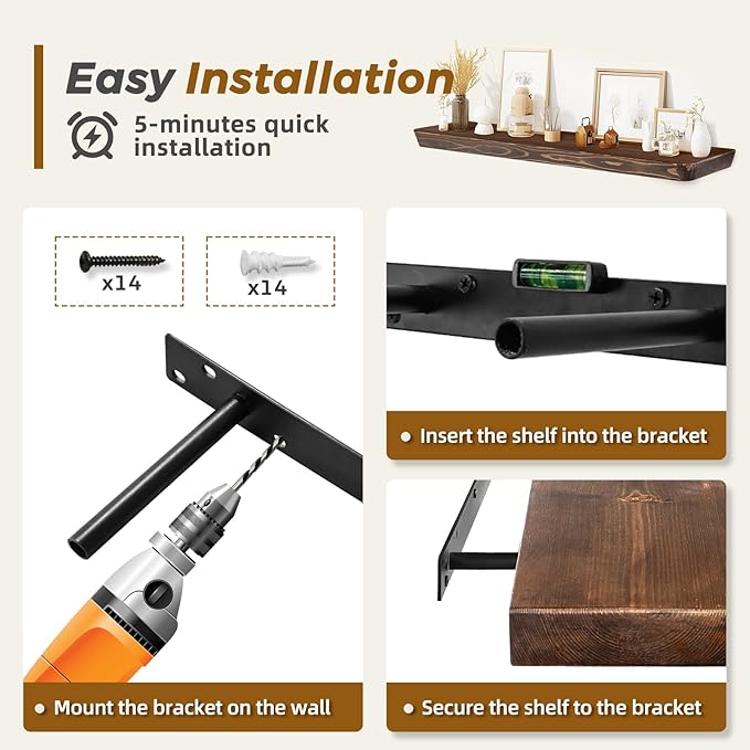 36"x6.8"x1.6" Slanted Floating Wall Shelves 2-Pack - Rustic Brown Finish, Heavy-Duty Solid Wood Design with Hidden Brackets - Perfect for Living Room, Kitchen, Bathroom, or Office-CasaMuseHome