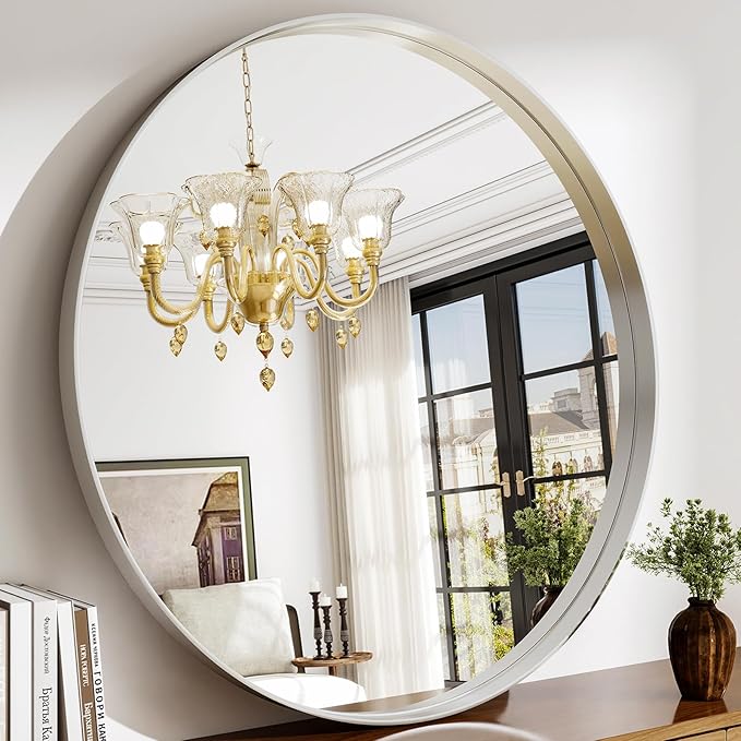 36 Inch Round Bathroom Mirror - Wall Mounted Circle Mirror with Metal Frame, Modern Mirror Suitable for Bathroom, Vanity, Entryway, Living Room, Wall Decor,Silver-CasaMuseHome