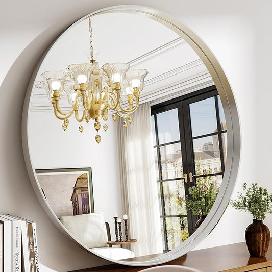 36 Inch Round Bathroom Mirror - Wall Mounted Circle Mirror with Metal Frame, Modern Mirror Suitable for Bathroom, Vanity, Entryway, Living Room, Wall Decor,Silver-CasaMuseHome