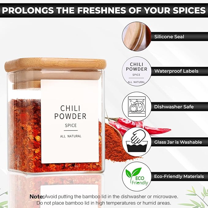 12 Pcs Square Glass Spice Jars with Natural Bamboo Lids - 9oz Airtight Herb Containers with 148 Waterproof Minimalist Spice Labels Preprinted - Empty Small Seasoning Jars for Kitchen Pantry-CasaMuseHome