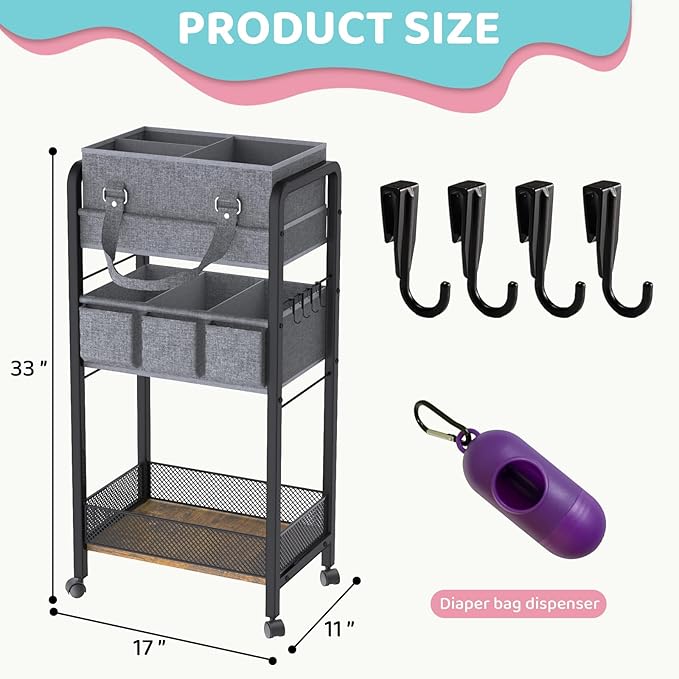 2IN1 Baby Diaper Caddy Organizer-3 Tier Rolling Storage Cart with Dividers - Bedside Diaper Caddy Cart for Baby Nursery Newborn Essentials-Mobile Utility Carts with Wheels for Changing Table-CasaMuseHome