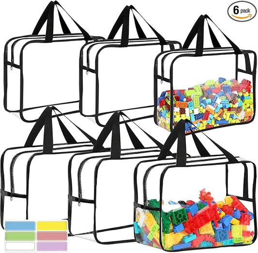 6 Packs Large Toy Storage Bags with Labels, Reusable Clear PVC Board Game Storage, Travel Waterproof Organizer Bags with Zipper for Building Blocks, Puzzle, Kids Books(3 large & 3 Extra Large)-CasaMuseHome