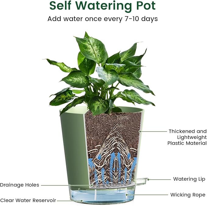 4 inch Self Watering Pots for Indoor Plants, 5 Pack Small Flower Plant Pots with Drainage Holes and Clear Reservoirs, Visible Water Level, Plastic Planters with Wicking Rope, Green-CasaMuseHome