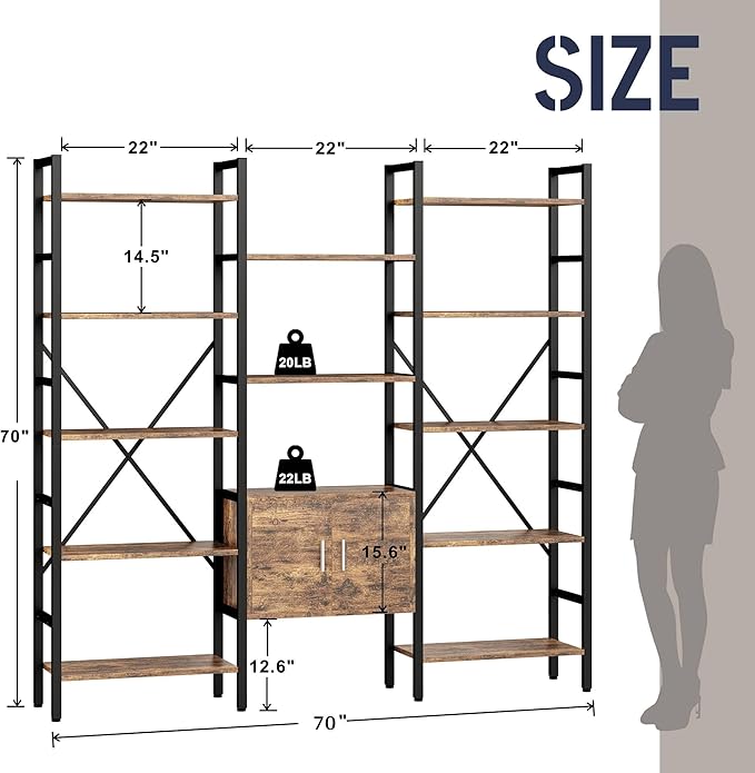 70 x70" Triple 5 Tier Book Shelf, Industrial Large Bookcase with Storage Cabinet, Tall Bookshelf with 14 Open Display Shelves Metal Frame Furniture for Living Room Bedroom Home Office Rustic Brown-CasaMuseHome