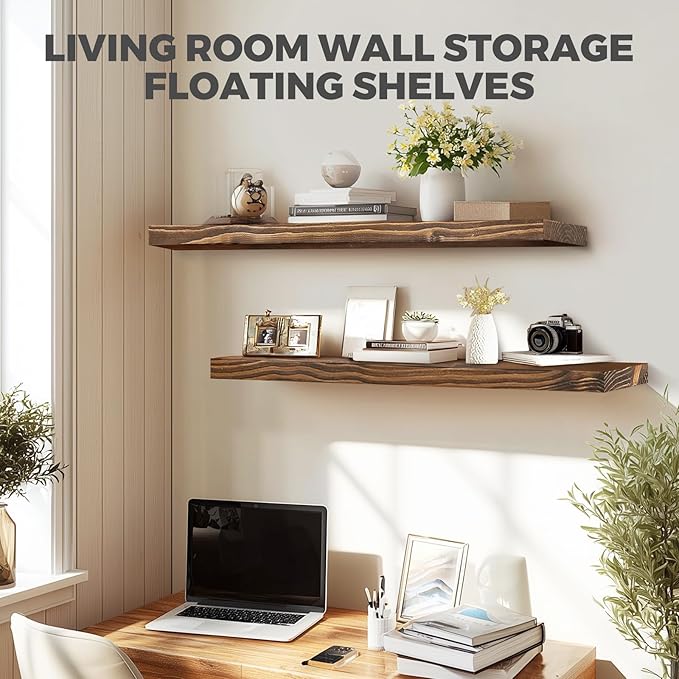 36"x6.8"x1.2" Solid Wood Floating Shelves 2-Pack - Rustic Brown Finish with Hidden Brackets, Perfect for Storage and Décor in Living Room, Kitchen, Bedroom-CasaMuseHome