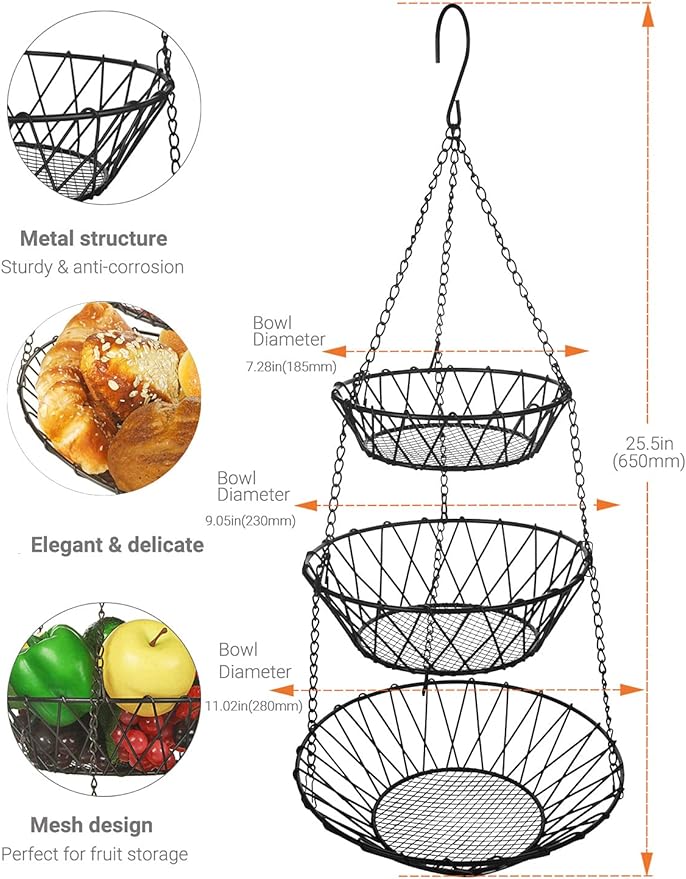 3 Tier Hanging Basket with Sturdy Metal Chain Hanging Hooks Fruit and Vegetable Basket Heavy Duty Wire Organizer Space Saving Rustic Country Style Kitchen Storage-CasaMuseHome