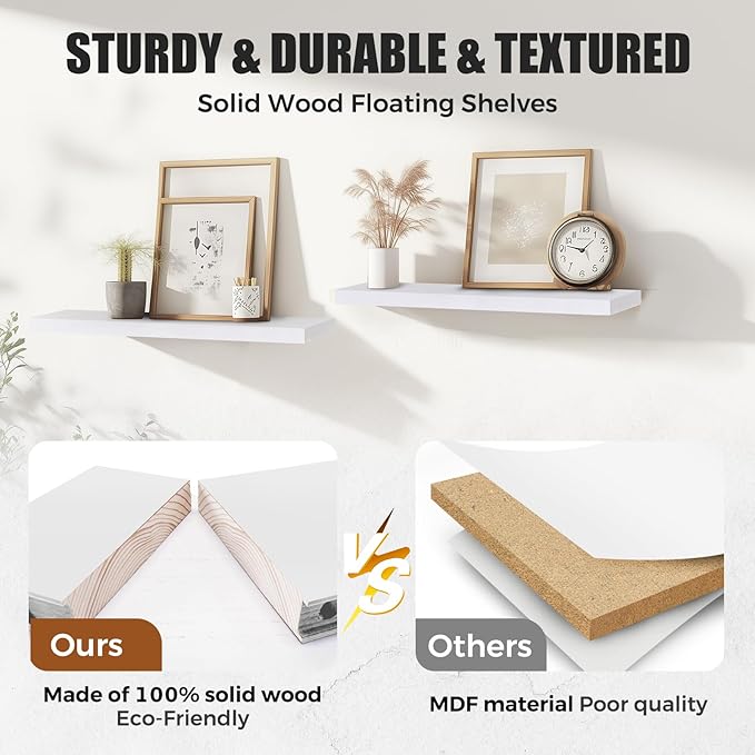24"x6.8"x1.2" Solid Wood Floating Shelves 2-Pack - Rustic White Finish with Hidden Brackets, Perfect for Storage and Décor in Living Room, Kitchen, Bedroom-CasaMuseHome
