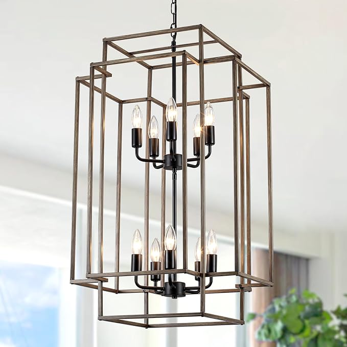 30" Black Farmhouse Chandelier, 10-Light Foyer Lighting Fixtures, Lantern Tiered Pendant Light Fixtures, Metal Wood Grain Finish Rustic High Ceiling Chandelier for Dining Room Entryway Staircase-CasaMuseHome