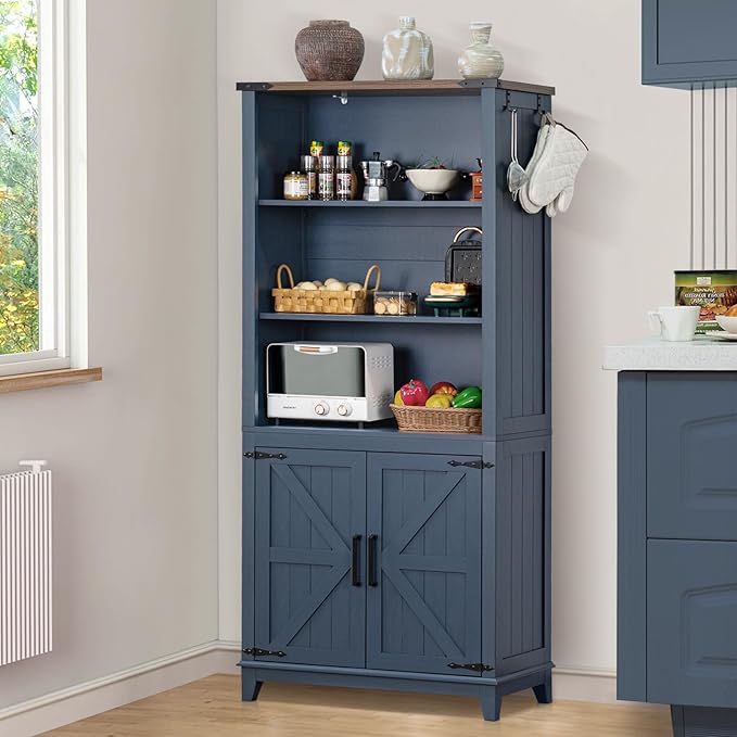 5 Tier Bookshelf 70in Tall Bookcase with Barn Doors and Storage Cabinet, Blue Farmhouse Book Shelf with Adjustable Shelves, Wood Freestanding Display Bookshelves for Bedroom, Kitchen (3PCS)-CasaMuseHome