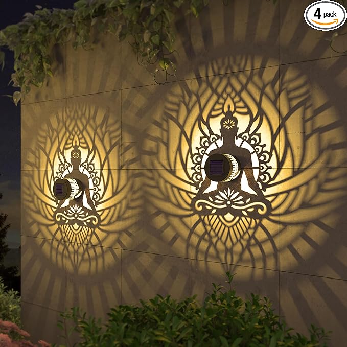 4 Pack Solar Fence Lights Metal Solar Powered Outdoor Wall Deck Step Lights Zen Theme Waterproof Fence Light for Garden Post Patio Backyard Yard Decor, Gardening Gifts for Women Mom Grandma-CasaMuseHome