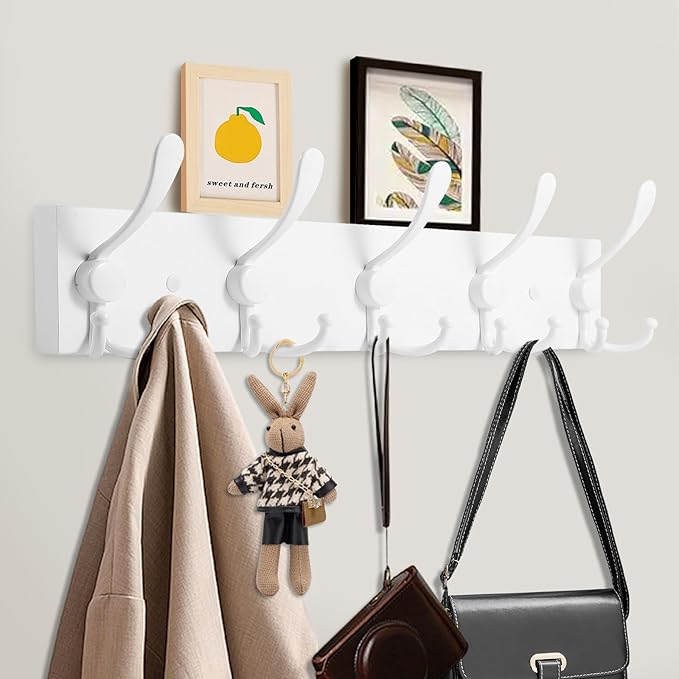 2pcs Coat Rack Wall Mount Coat Hooks Wooden Hat Rack for Wall Hooks Pine Real Wood Plank 16.9" White Coat Hanger with 5 White Triple Hooks for Hanging Coat Hat Jacket-CasaMuseHome